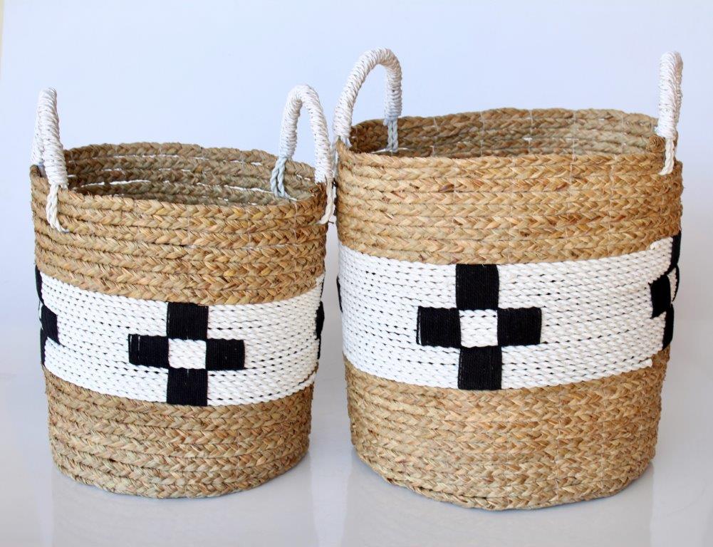 Set Of 2 Natural, Black & White Check Baskets